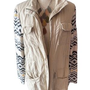 Pixley Beige Utility Jacket with Patterned Sleeves - Oversized